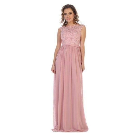 Sleeveless Blush Pink Lace Top A-Line Chiffon Formal Gown - Picture 14 of 15